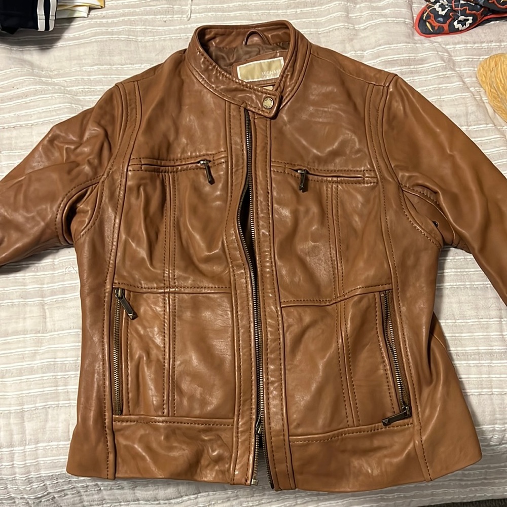 Michael Kors leather jacket in camel tan